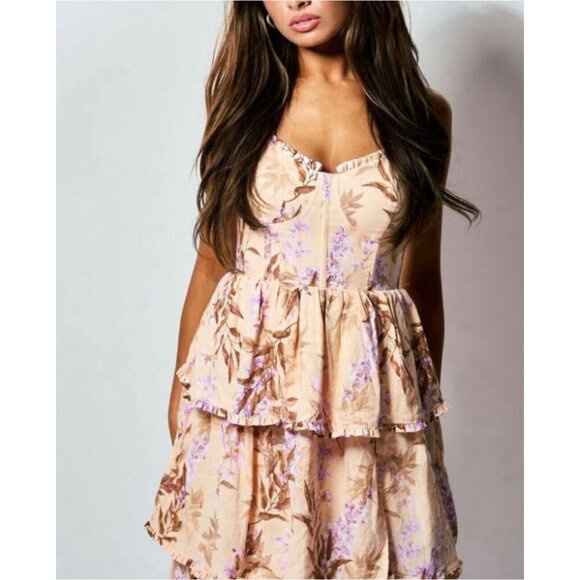 NEW! House of Harlow Ponte Bustier Lace-up-back Tiered Maxi Dress Linen SZ S - Picture 3 of 11